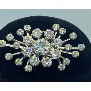 Vintage Judy Lee Aurora Borealis Rhinestone Starburst Brooch Silver Tone‎ 2.25in